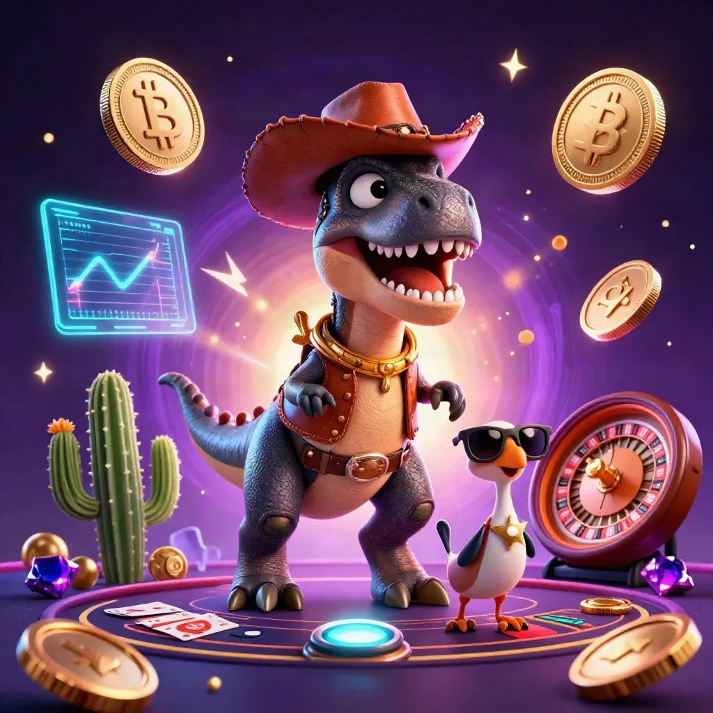 Neon casino fantasy with cowboy T-Rex, cactus sidekick, and roadrunner in a glowing tech room.