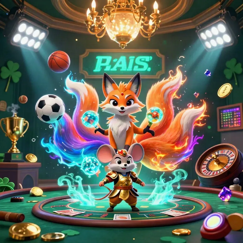 Fox spirit and samurai mouse amid casino props, neon glow, and spinning sports balls.