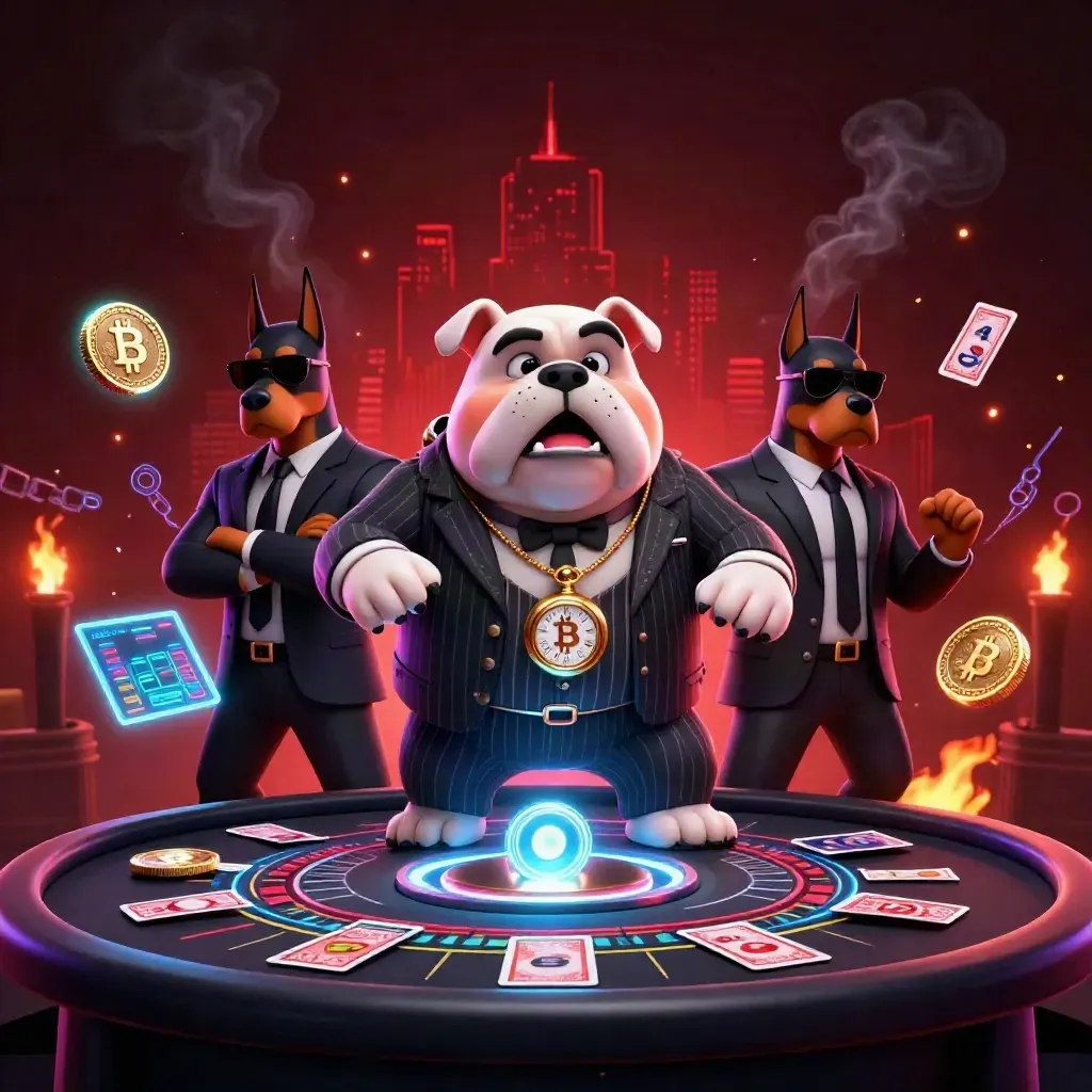 Bulldog mob boss with two Dobermans amid neon crypto casino effects and a spinning roulette wheel.