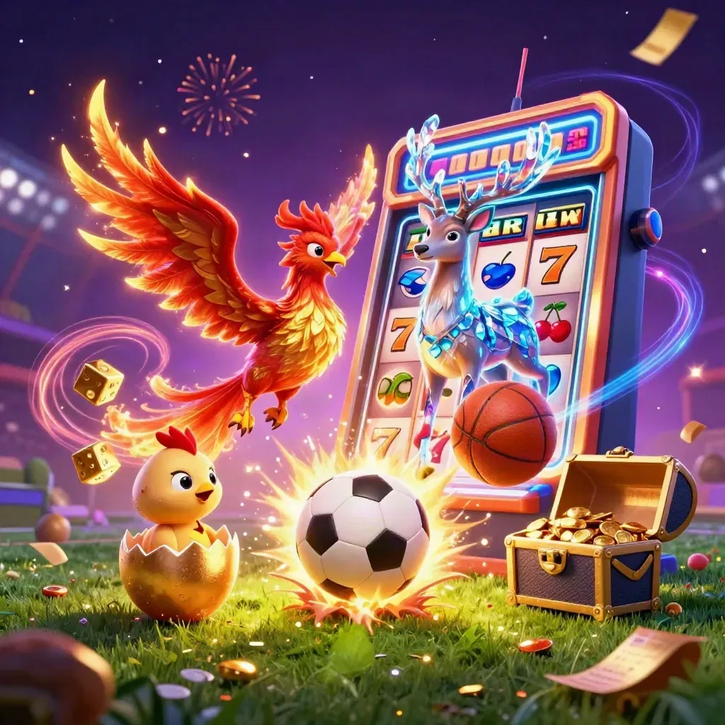 Phoenix, stag and slot machine explode with sports balls in neon casino light.