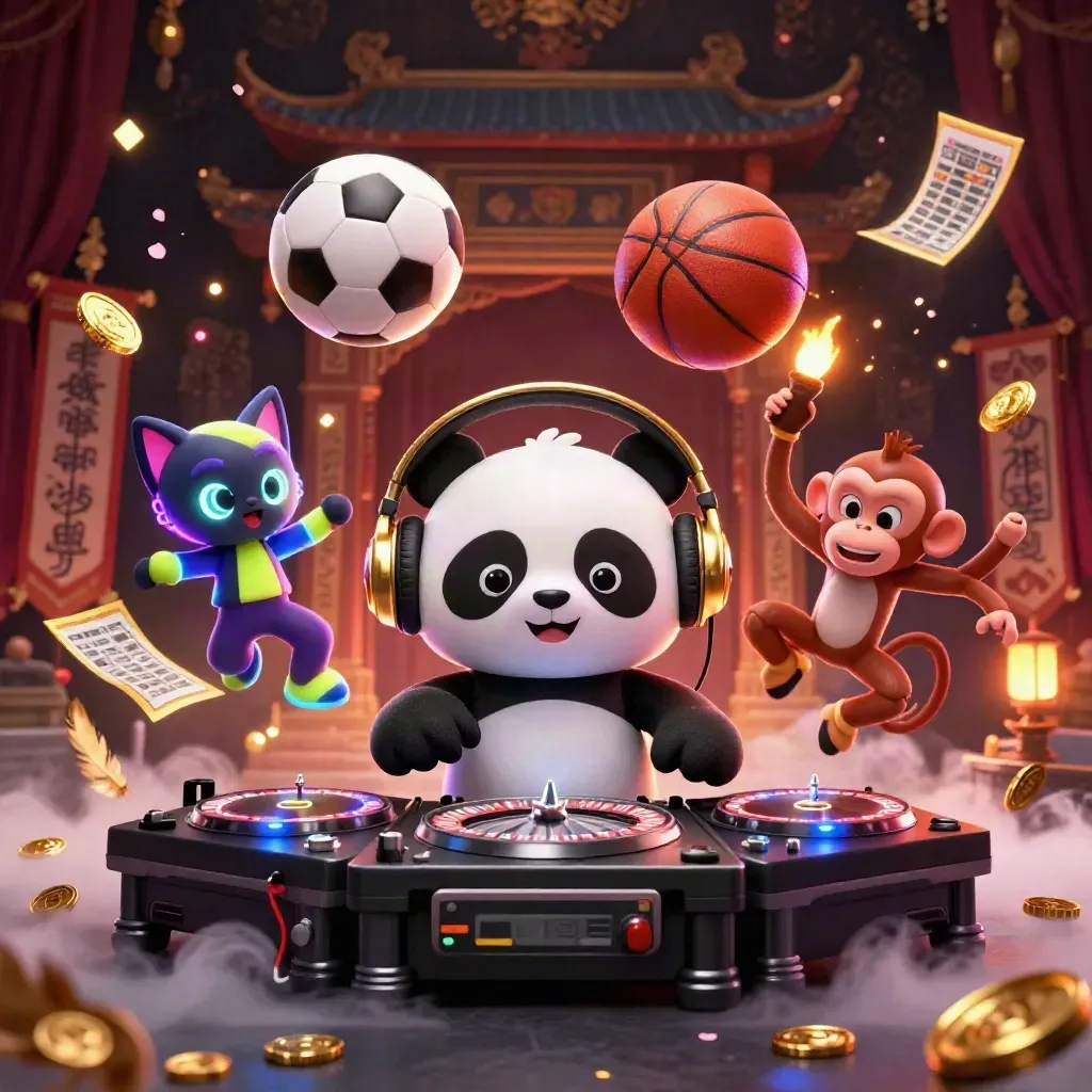 Panda DJ, breakdancing monkey and rave kitten amid flying ball, coins and neon casino lights.