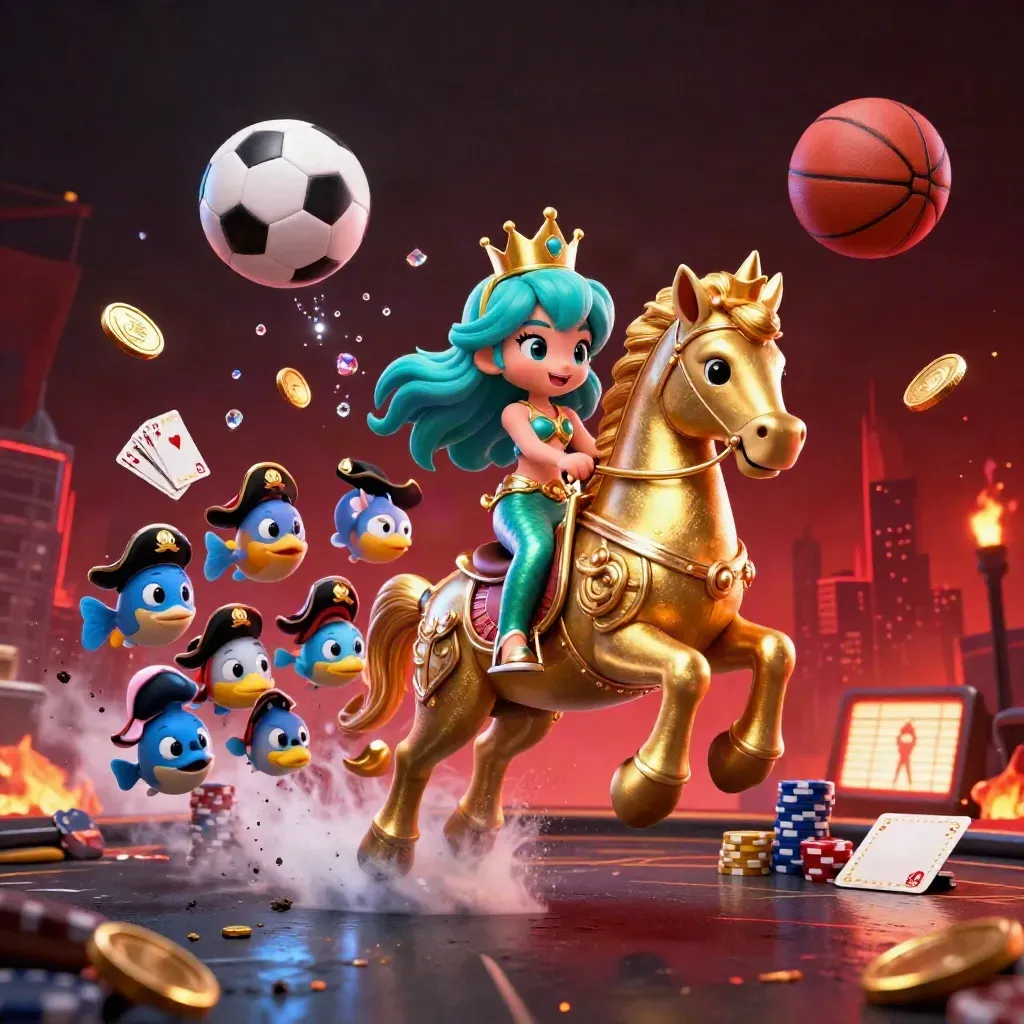 Mermaid princess on armored seahorse amid coins, chips, cards, and flying sports balls.