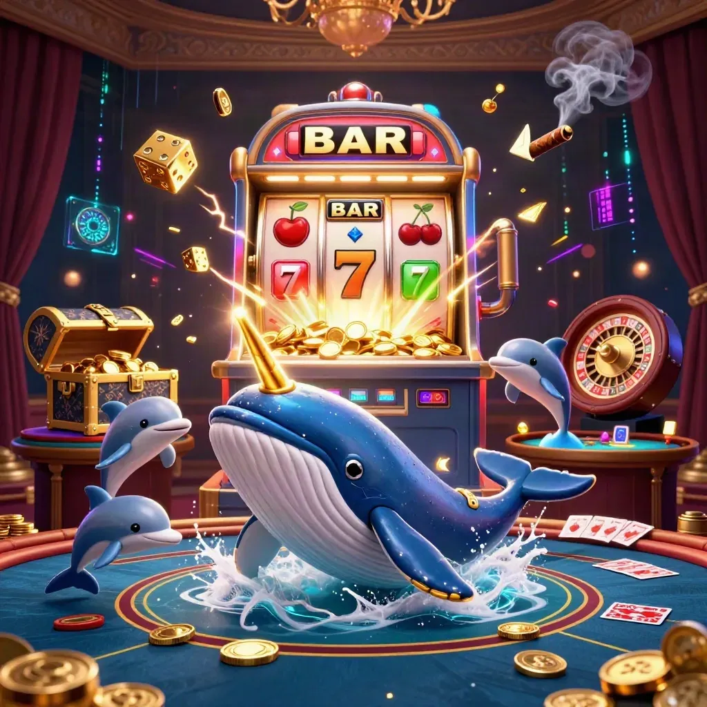 Whale captain, narwhal, and dolphins in a neon casino burst with coins, dice, and slot rays.
