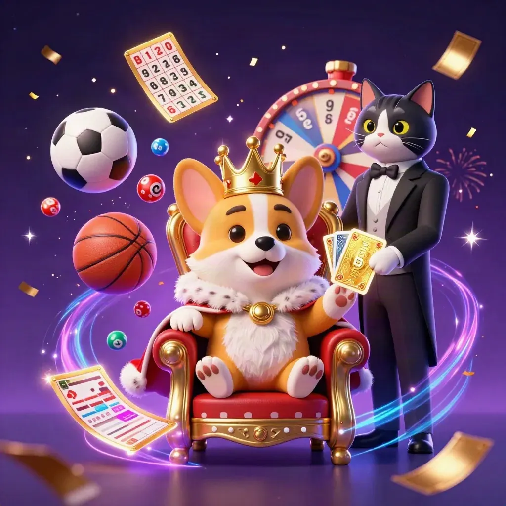 Royal corgi and cat butler amid casino props, lottery balls, prize wheel, and flying sports balls.