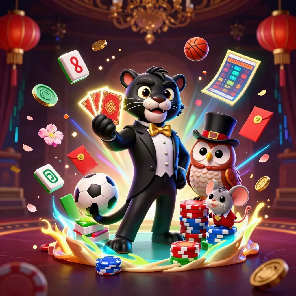 Panther, owl and mouse amid flying sports balls, chips, lanterns and neon casino energy.