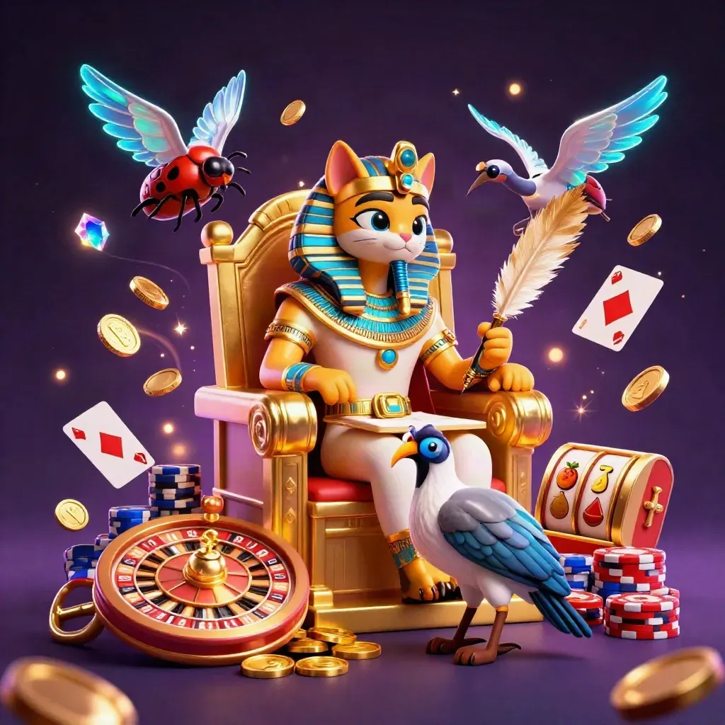 Pharaoh cat, ibis scribe, and gem-winged scarabs amid casino treasures and neon energy.