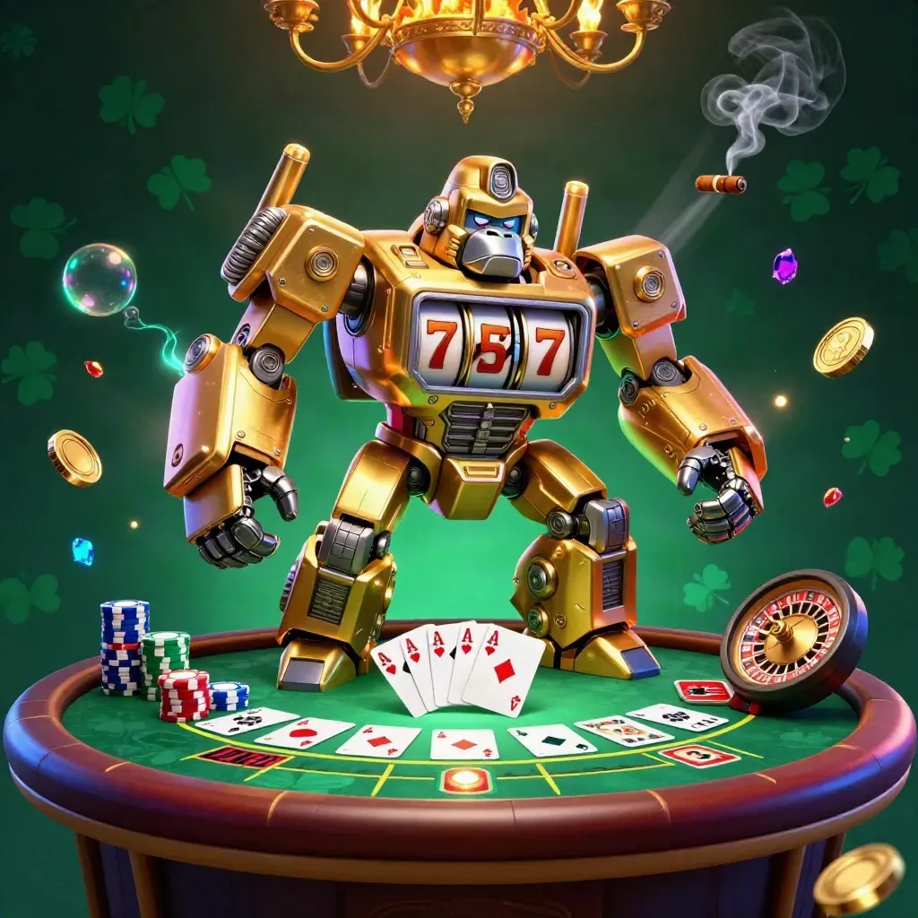 Golden gorilla slot-mech with tiny monkey pilot amid poker chips, cards, neon casino glow, and emerald light.