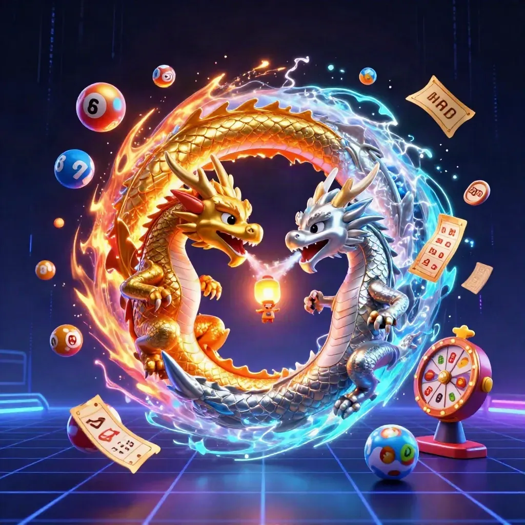 Twin gold and silver dragons spiral with fire and ice around a glowing lantern spirit and casino relics.