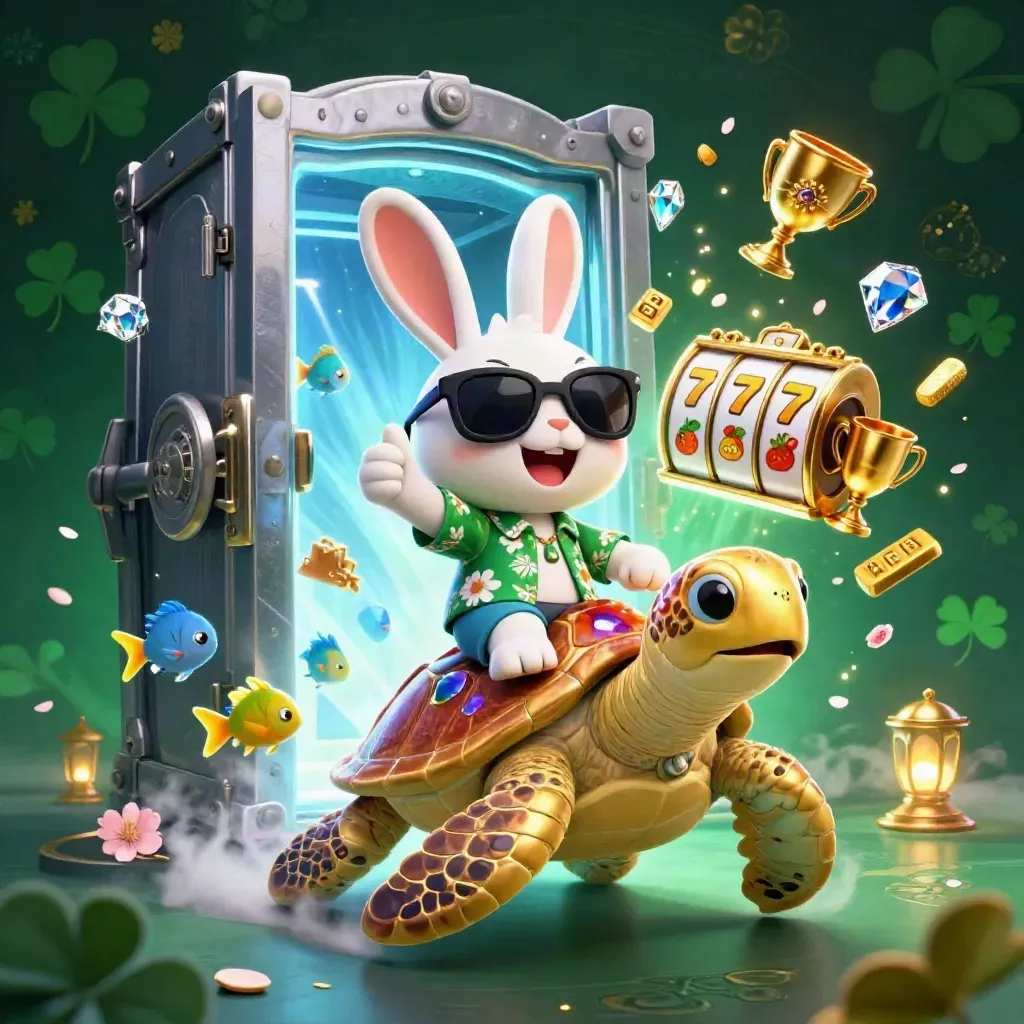Rabbit in sunglasses rides a gem-shell sea turtle as treasure bursts around them