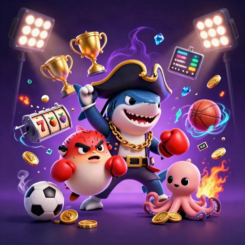 Pirate shark, boxing pufferfish, and coin-juggling octopus in blue neon casino chaos
