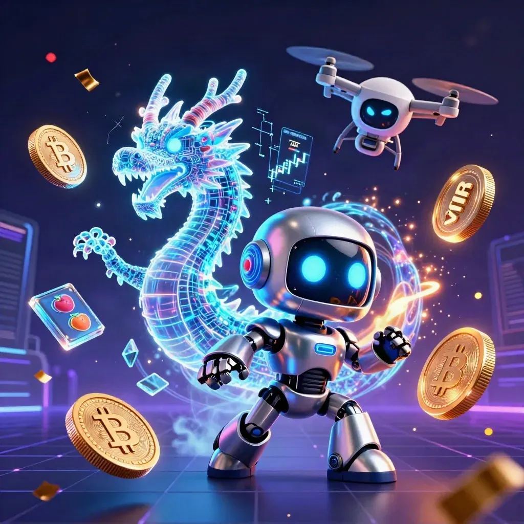 Chrome robot, holographic dragon, and coin drone burst through electric-blue casino energy.