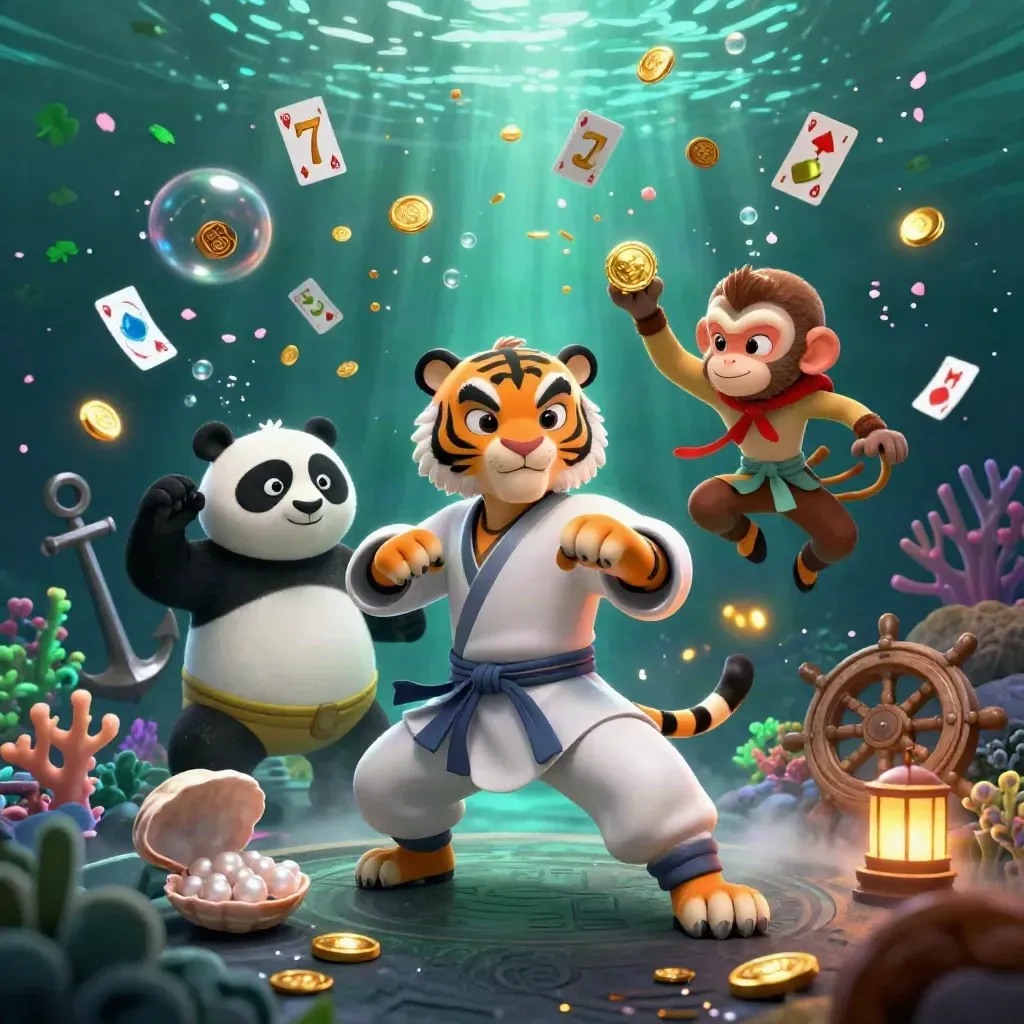 Tiger, panda, and monkey in a neon treasure cove with coins, coral, and casino glow.