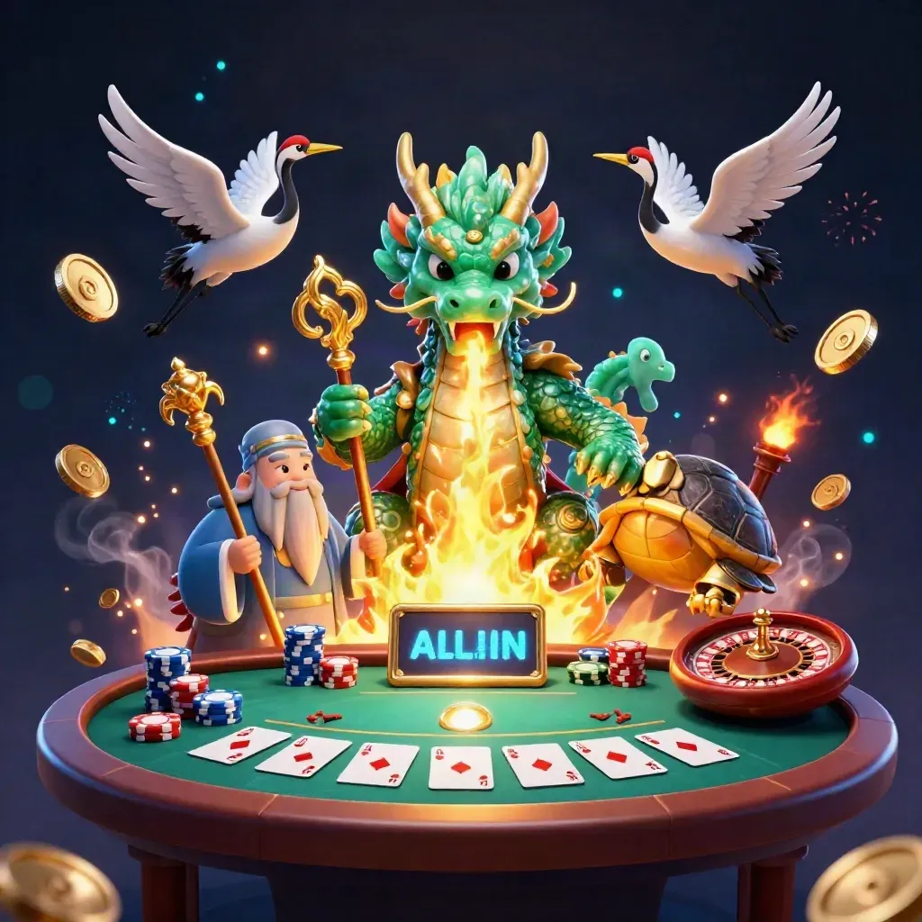 Emerald dragon, turtle sage and cranes amid chips, cards, gold coins, a vault burst and neon fire.