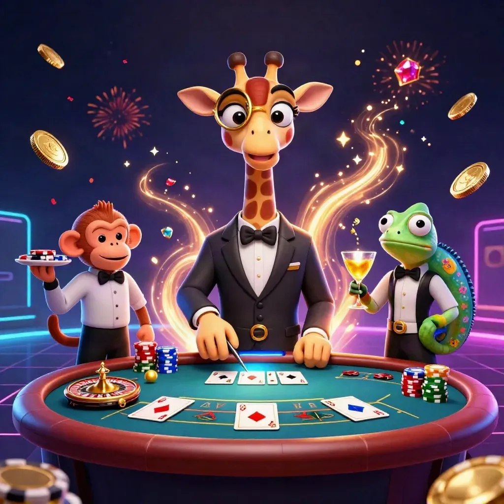 Giraffe, monkey, and chameleon casino heroes amid coins, chips, fireworks, and neon lights