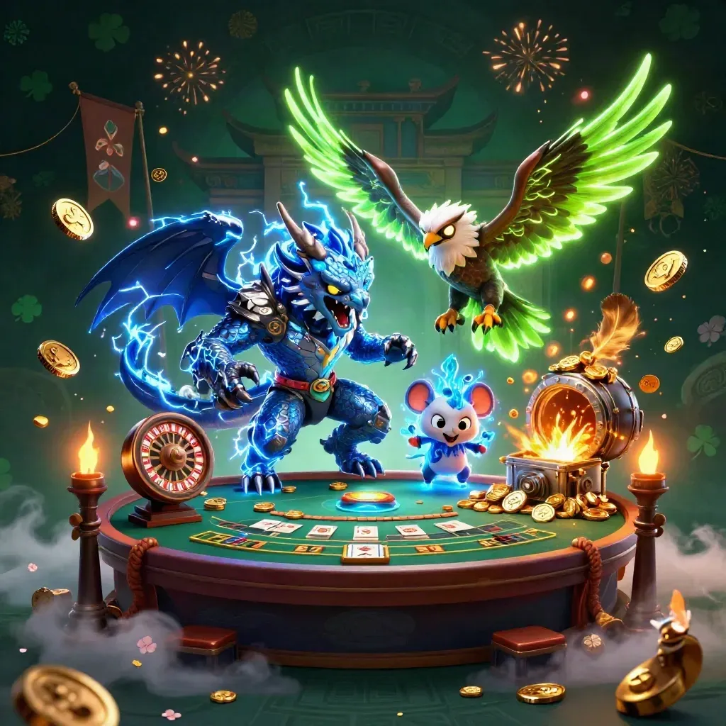 Thunder dragon, wind hawk, and thunder-mouse amid casino treasure, lightning, and neon effects.