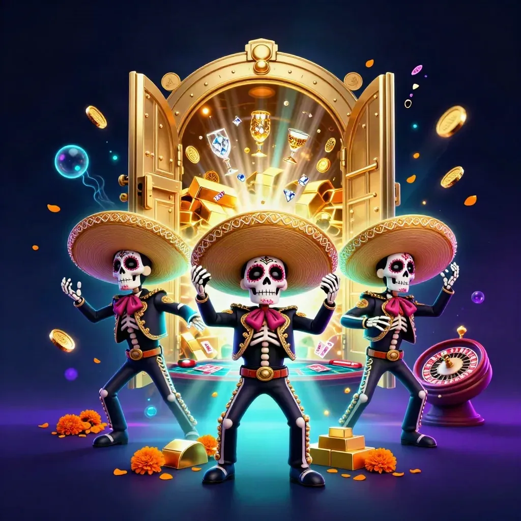 Skeleton mariachi trio amid a vault blast, gold coins, neon casino glow, and spinning table games.