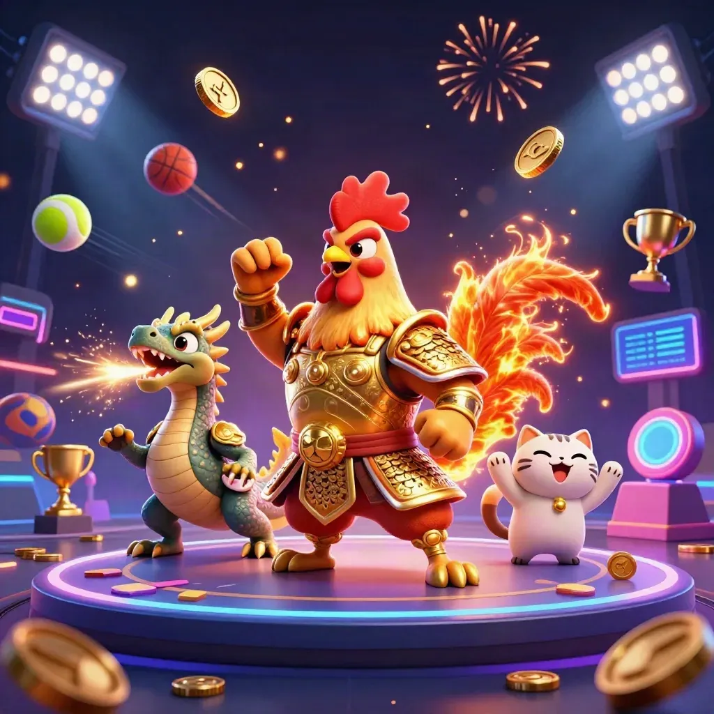 Rooster warrior, dragon hatchling, and fortune-cat amid casino treasure bursts and neon lights.