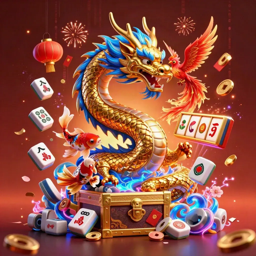 Golden dragon with baby phoenix and koi amid slot reels, lanterns, coins, and neon casino effects