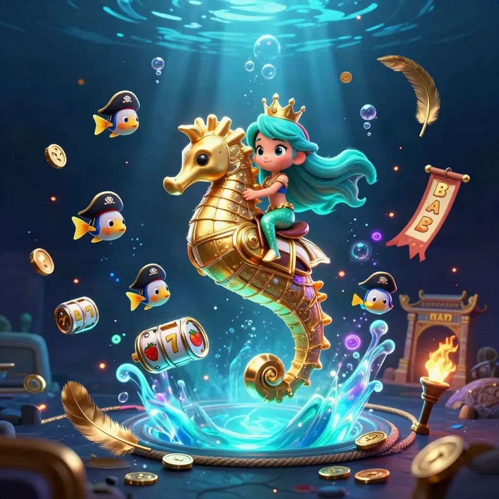 Mermaid princess on armored seahorse with pirate fish amid casino symbols and glowing underwater light
