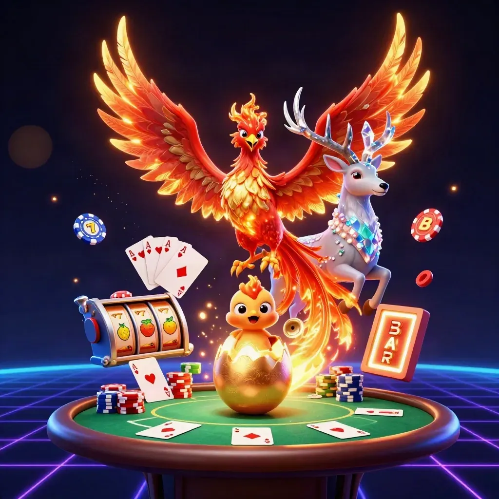 Phoenix, stag and hatchling amid casino chips, reels and glowing blue neon on a dark grid.