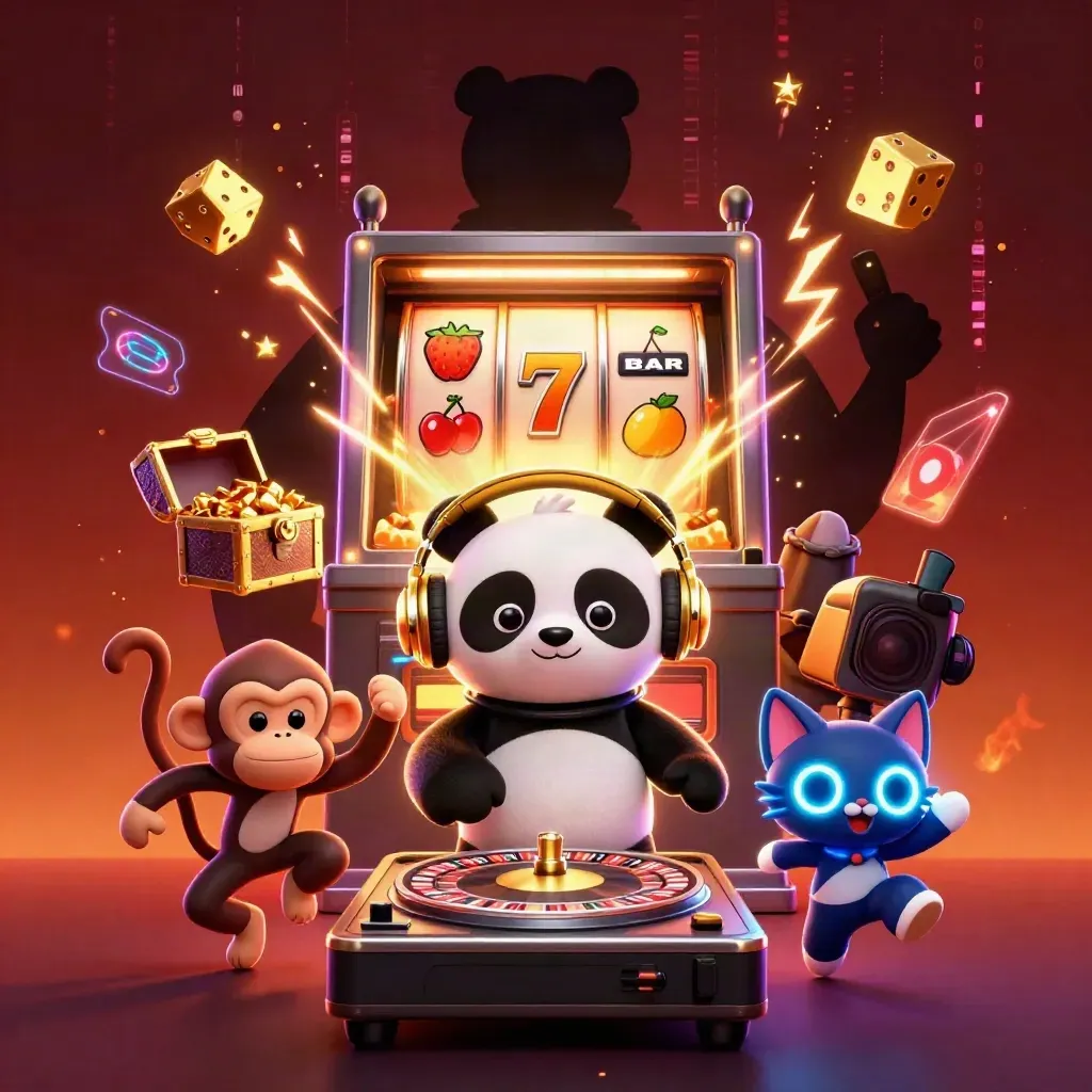 Neon casino panda DJ, dancing monkey, and rave kitten amid jackpot bursts and slot reels.