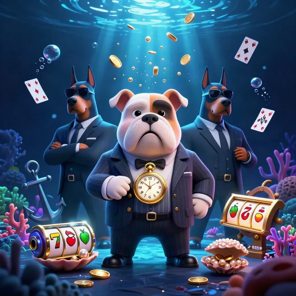 Bulldog mob boss and two Doberman guards in a neon underwater treasure cove with coins and reels