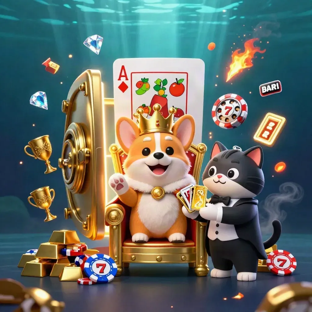 Royal corgi king and cat butler amid gold, gems, slot reels, and a glowing vault in neon casino style.